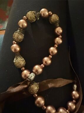 Brown Pearl and Gold-Textured Bead Necklace with Ribbon Tie